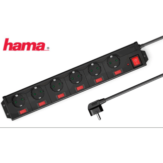 Régua 6x Schuko com interruptor individual preta - 1.4m