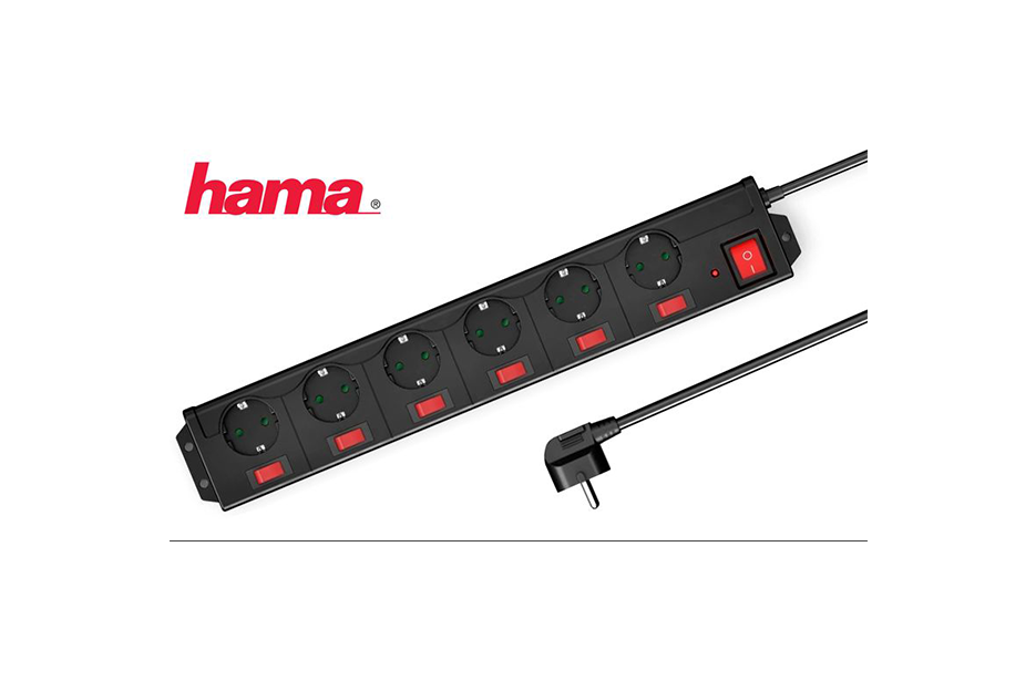 Régua 6x Schuko com interruptor individual preta - 1.4m