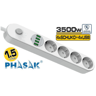 Régua de 4 tomadas Schuko com 4 portas USB 3.4A Phasak com protecção e interruptor