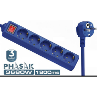 Régua 5 tomadas Schuko 16A com interruptor azul 1.8m